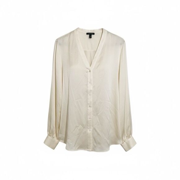 Eileen Fisher Silk Long Sleeve V Neck Blouse Classic Ivory Preppy Women's Size M - Picture 12 of 12